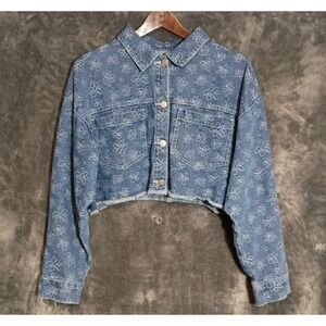 Dolls Kill LeLis Floral Stitch DENIM‎ CROP JACKET Over Size M Daisies